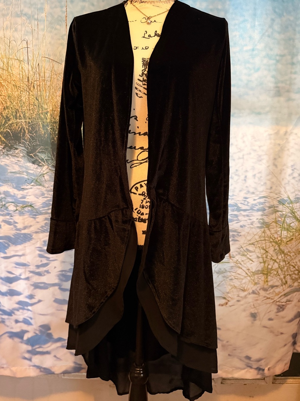 Women's Black Velvet Open-Front Drape Jacket